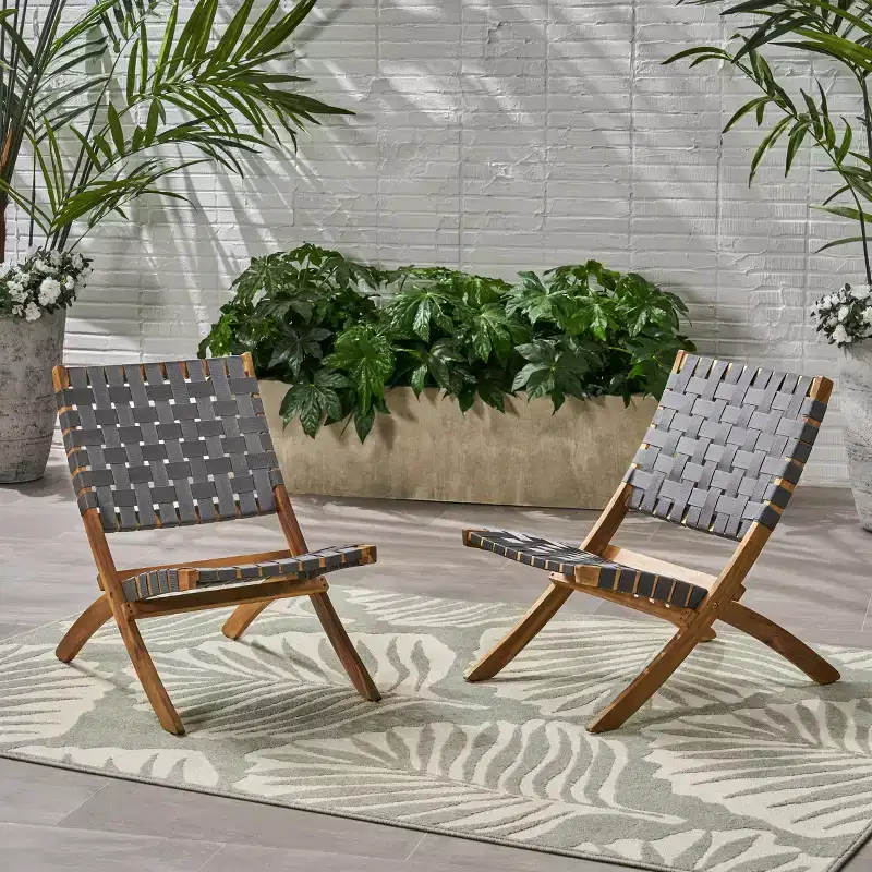Christopher Knight Home Octavia Outdoor Acacia Wood and Strapping Belt Folding Chairs (Set of 2), Brown and Gray