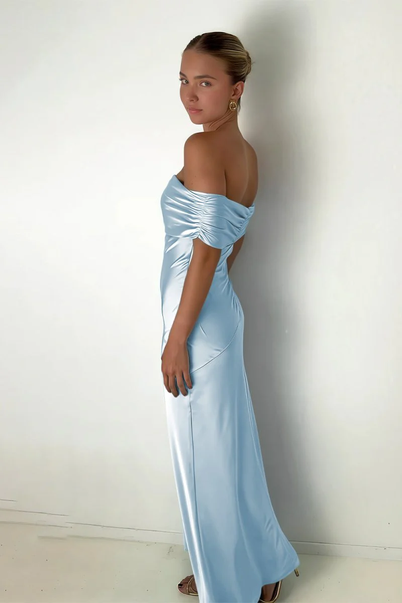 Aqua Sheath Off The Shoulder Satin Long Prom Dresses