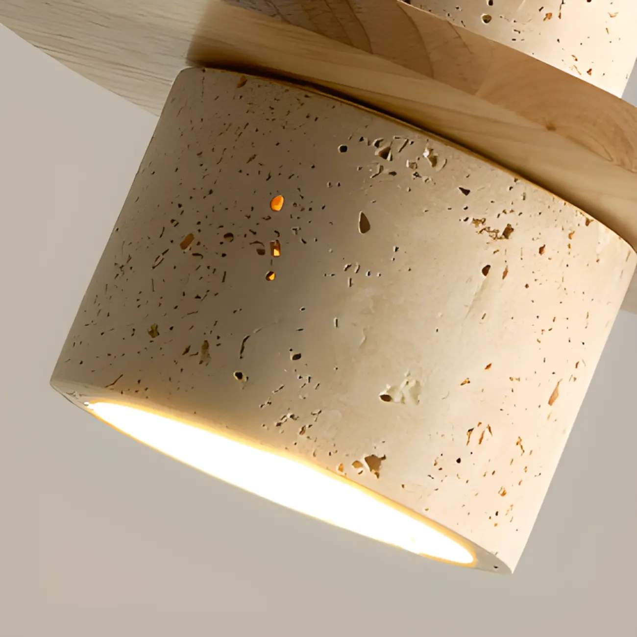 Modern Beige Stone Wood Disc Cylinder Pendant Light
