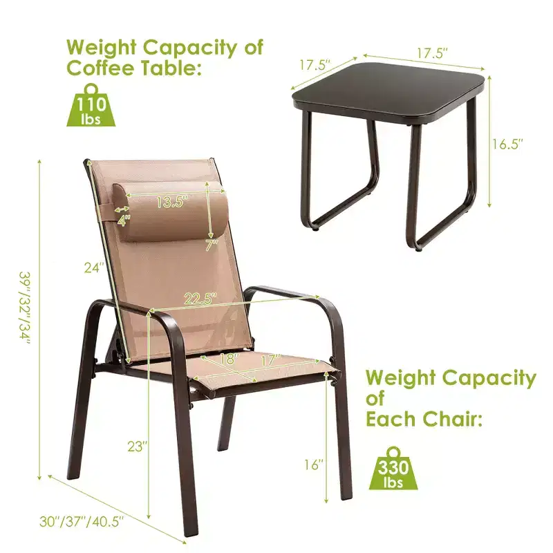 Costway 3PCS Patio Bistro Furniture Set Adjustable Back Stackable Chairs Brown\Black