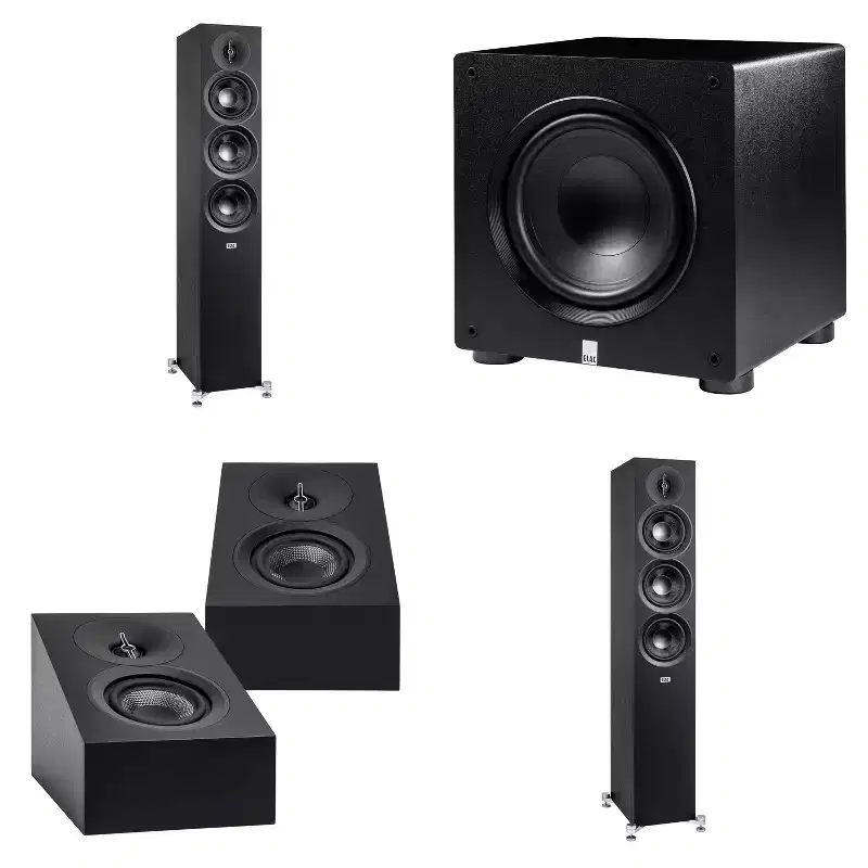 Elac DF53-BK - Debut 3.0 5.25 Floor Speaker - Black (Pair), ELAC DA43-BK Debut 3.0 - DA43-BK Atmos / On Wall speaker, and Elac PS350 Subwoofer