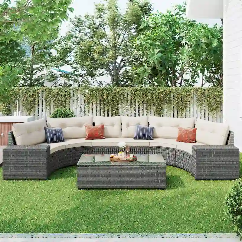 GO 8-pieces Outdoor Wicker Round Sofa Set With Rectangular Coffee Table
