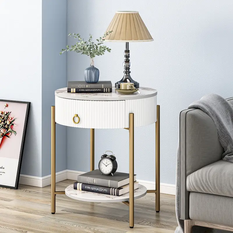 Myhozm Modern End Table with Storage Drawer, Round Nightstand with Metal Legs for Living Room, Bedroom, Office