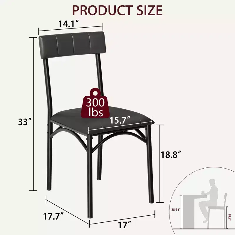 Four dining chair sets, with soft cushions and ergonomic high backs. Strong steel legs, suitable for dining rooms and kitchens. Black color.
