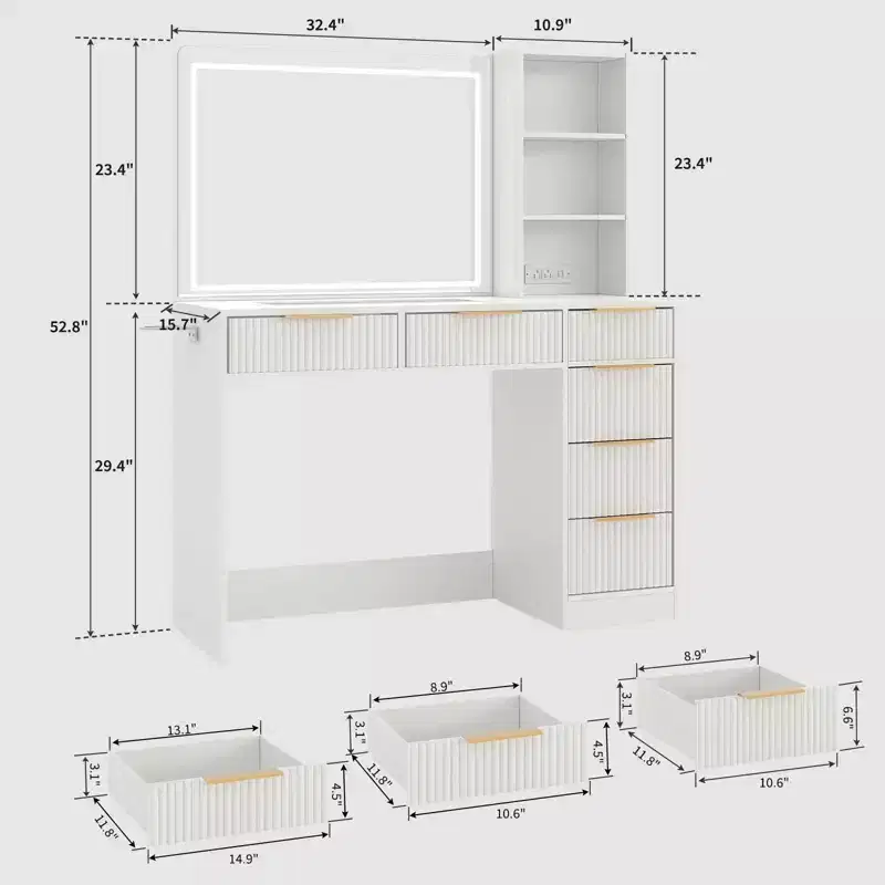 Large Fluted Vanity Desk w/ Lighted Mirror, Modern Makeup Vanity Table w/ 6 Storage Drawers & Hair Dryer Holder for Women Bedroom Dressing