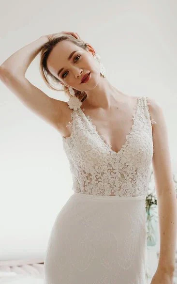 Lace Sleeveless Elegant Mermaid Plunging V-neck Bridal Gown With Deep V-back And Buttons