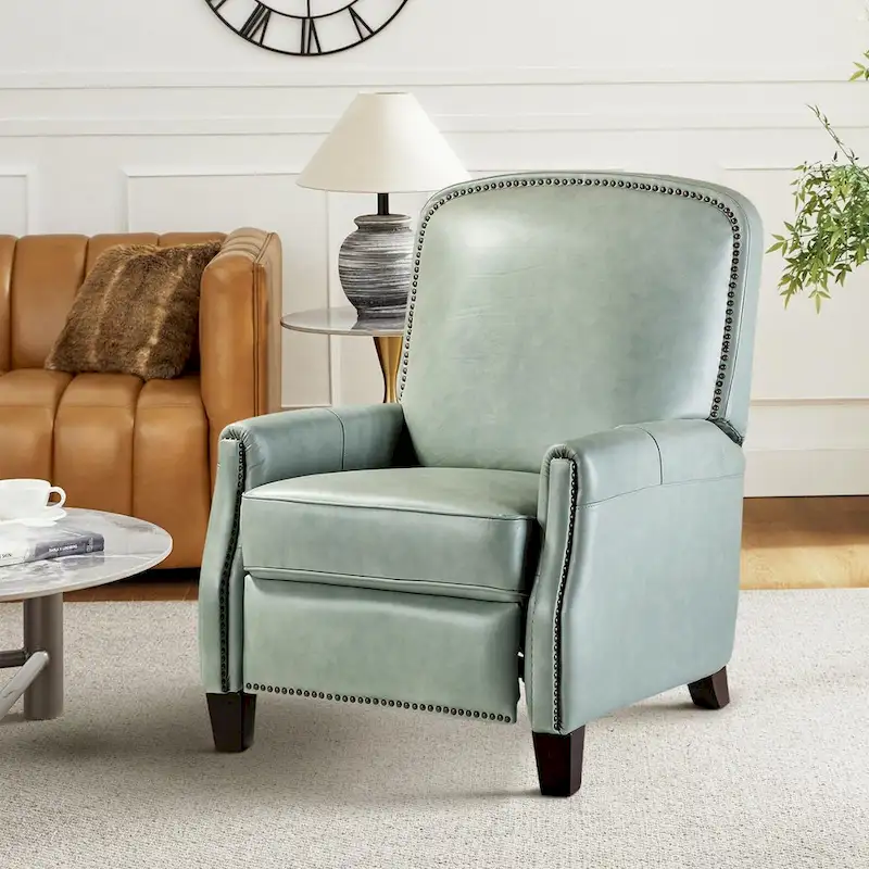Modern Retro Genuine Leather Recliner with Nailhead Trim & Wooden Frame