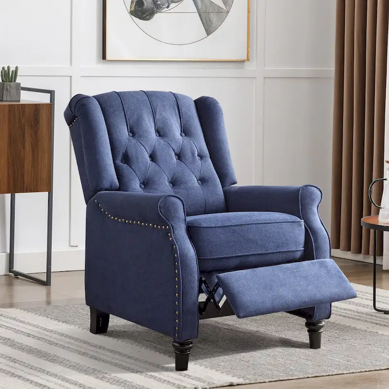 Push Back Recliner with Tufted Back and Wooden Legs