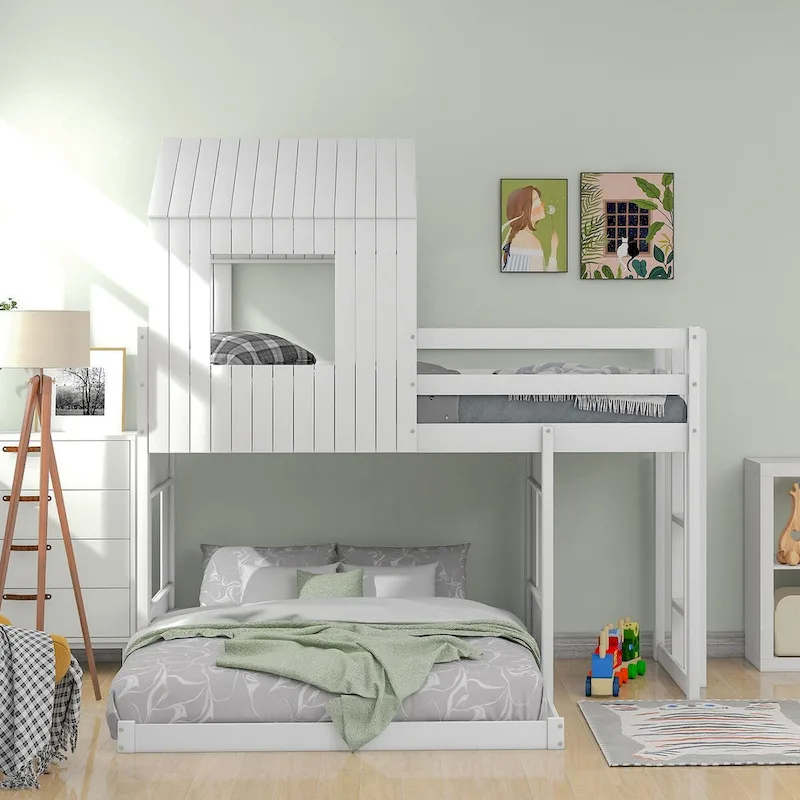 White Twin-Over-Full Bunk Bed with Loft & Playhouse, Sleeps 2