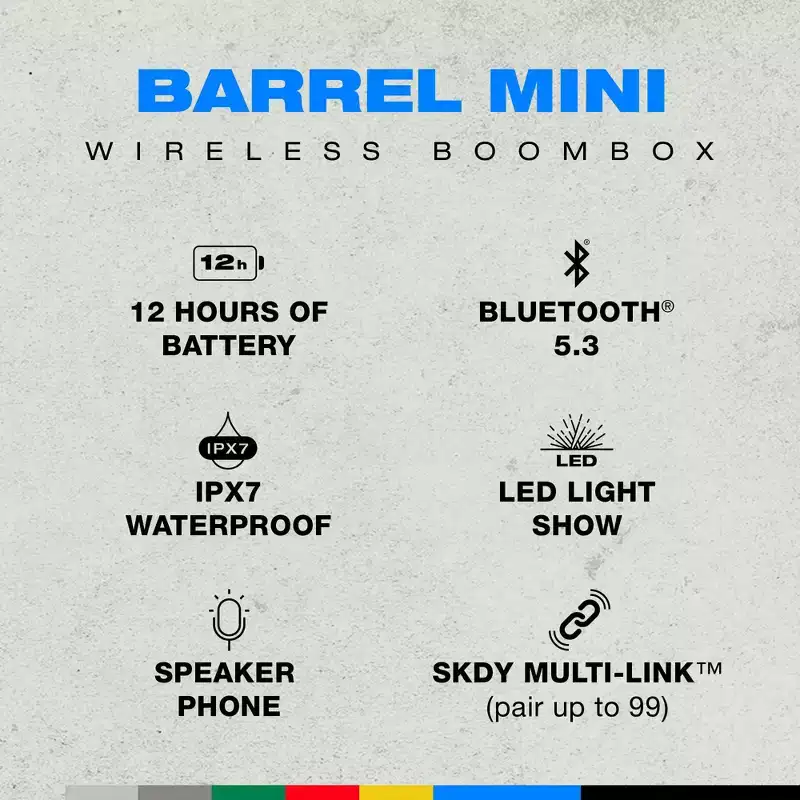 Skullcandy Barrel Mini Wireless Boombox Speaker, Bluetooth 5.3, IPX7 Waterproof, 12Hr Battery, LED Lights, Portable with True Wireless Stereo