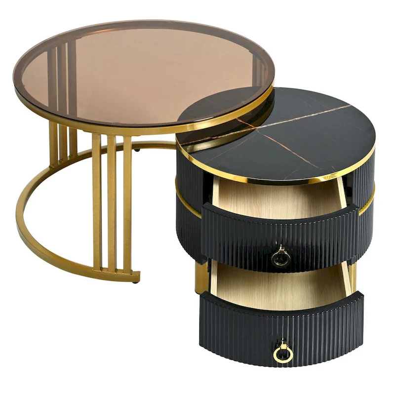 Nesting Coffee Table Set of 2, Side Tables with Tempered Glass Tabletop and Storage Drawers