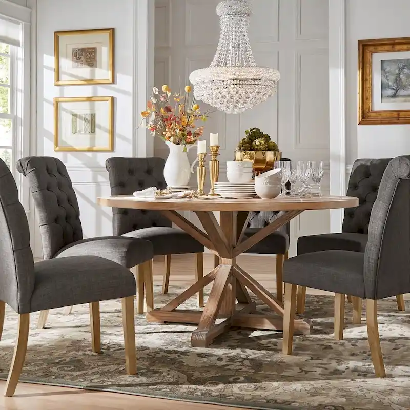 Benchwright Rustic X-base Round Pine Wood Rolled Back 7-piece Dining Set by iNSPIRE Q Artisan