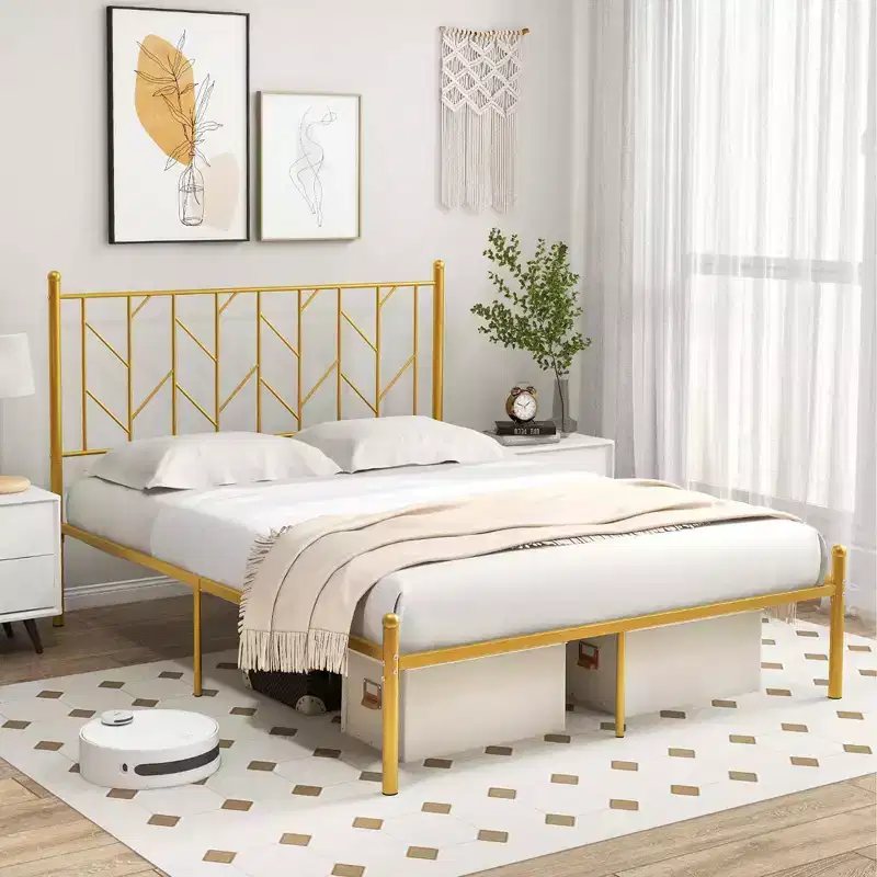 Costway Full/Queen/Twin Size Metal Platform Bed Frame Vintage Headboard Mattress Foundation Gold