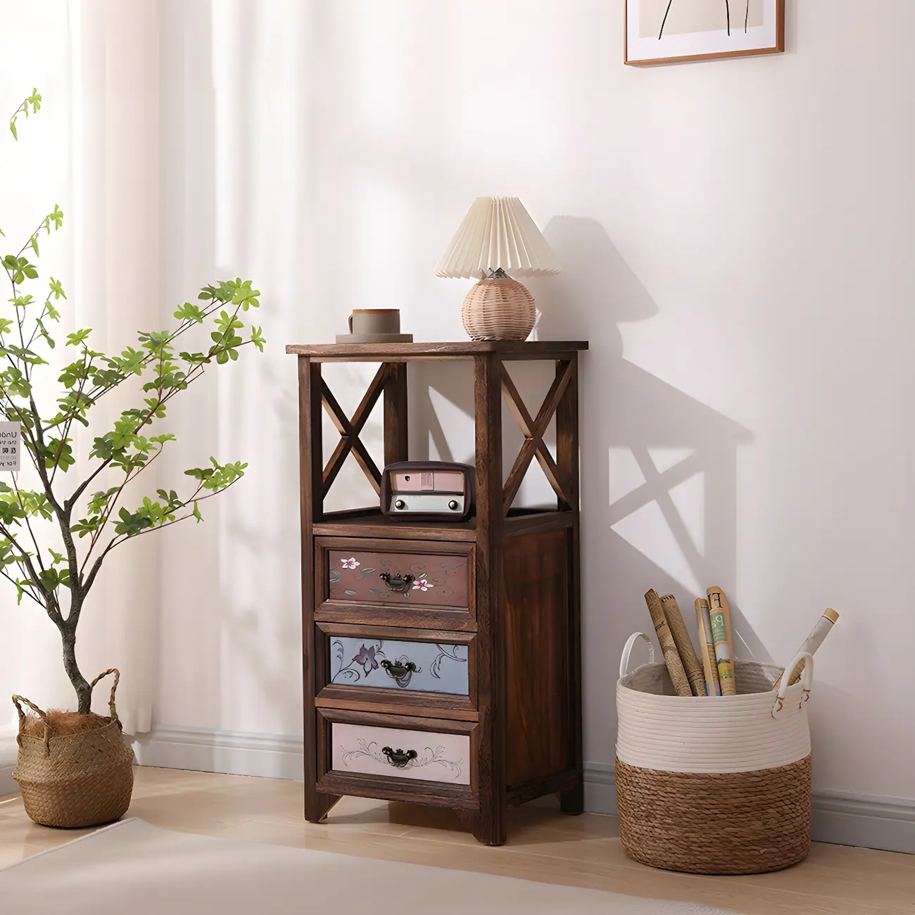 Industrial Rectangular Brown Wooden Drawer Cabinet