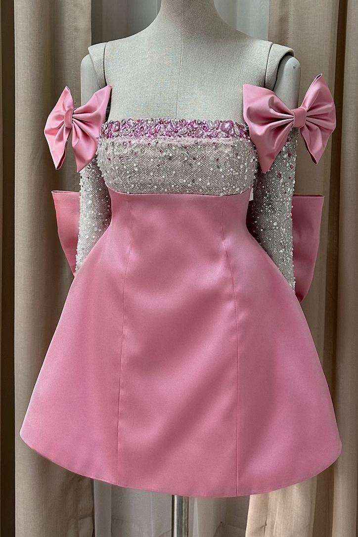 Pink - Strapless Satin Beaded A Line Homecoming Dress With Detachable Bow Sleeves