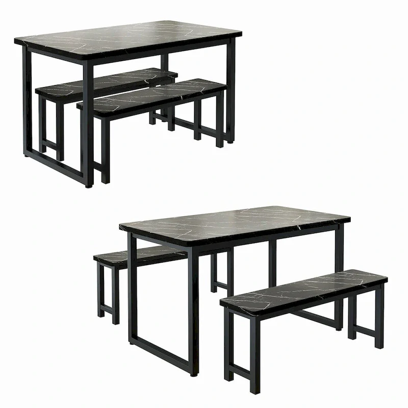 3-Piece Industrial Style Dining Table & Bench, Marble Veneer