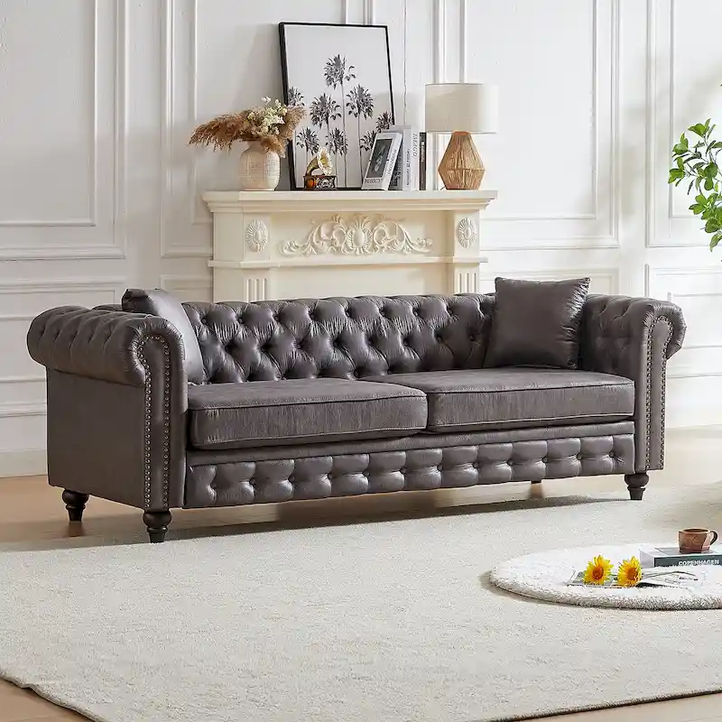 Gray Tufted Sofa with Rolled Arms - 3 Seater