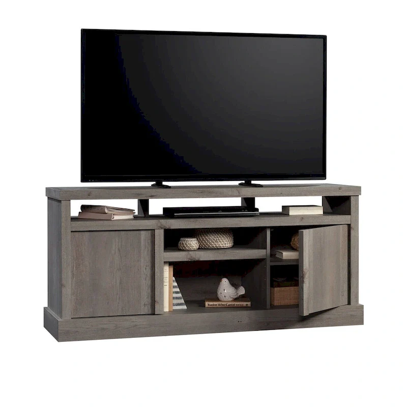 TV Credenza with Herringbone Doors & Adjustable Shelves – Mystic Oak / Sindoori Mango, Modern Style
