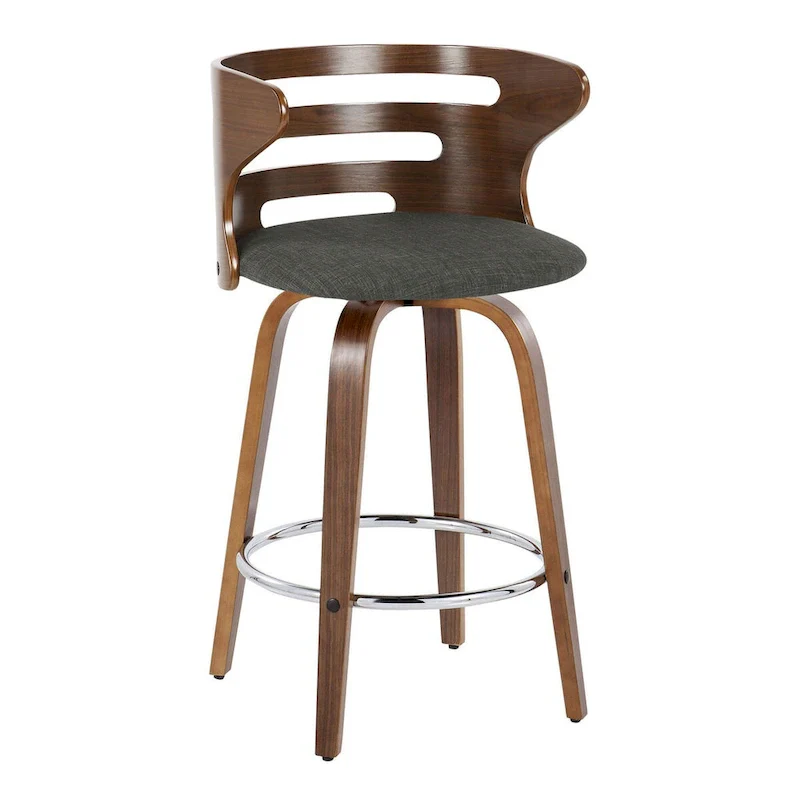 Fixed-Height Counter Swivel Stool, Fabric/Faux Leather, Walnut/Grey Wood, Set of 2