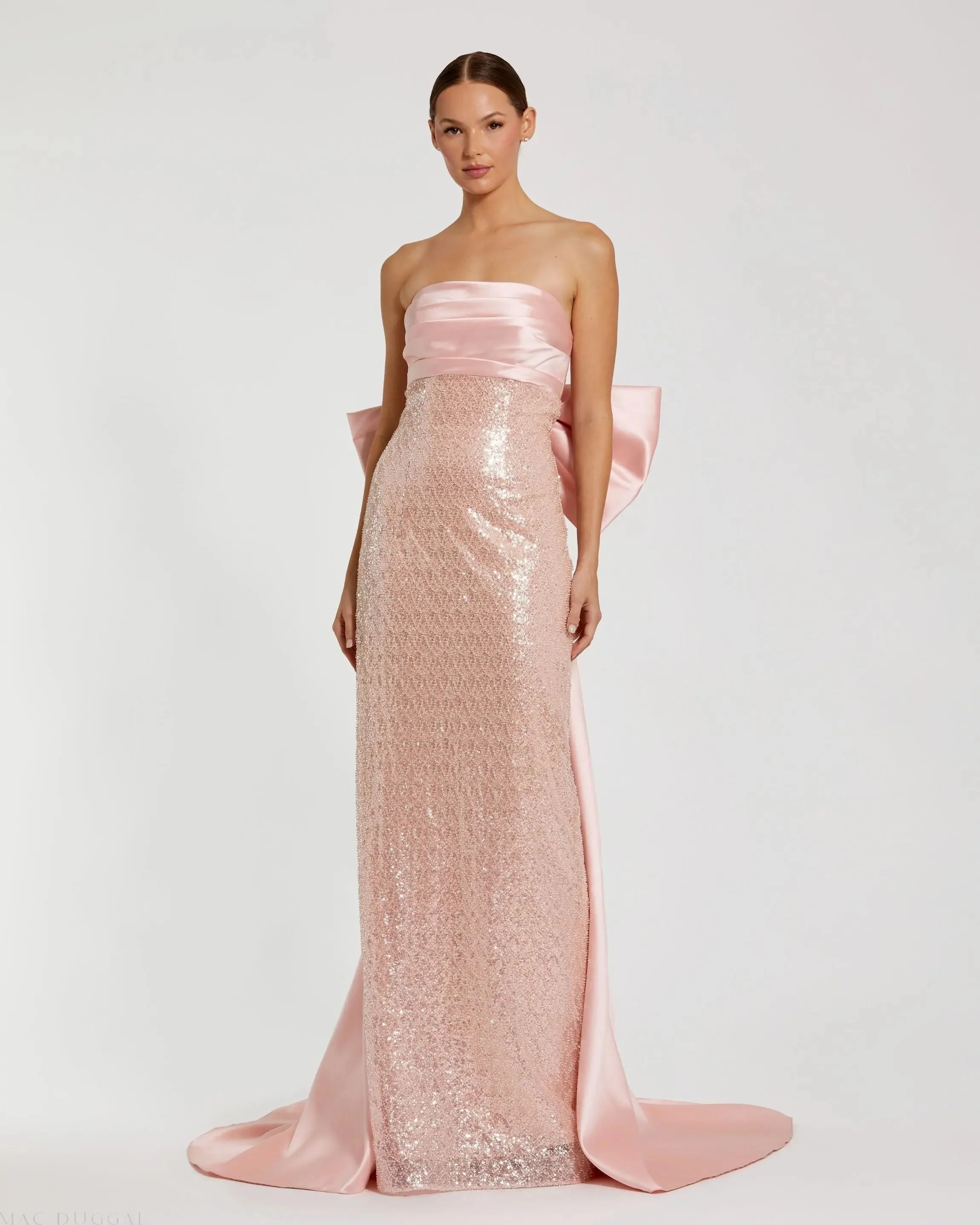 Pink Strapless Embellished Gown With Back Bow Detail