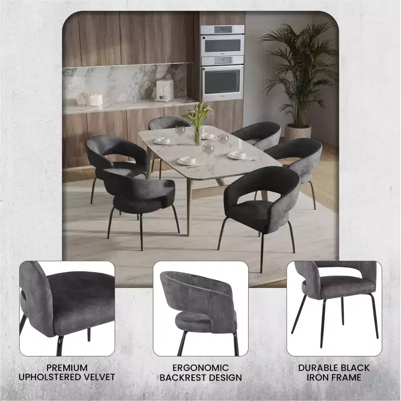 LeisureMod Dining Chair Upholstered in Velvet/Leather with Open Curved Backrest and Powder-Coated Iron Legs Gavin Collection Set of 2