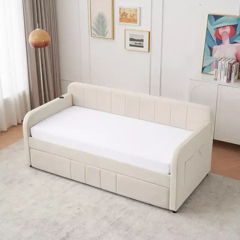 Zeus & Ruta Twin Upholstered Daybed Frame with Trundle for Bedroom, Living Room, Guest Room