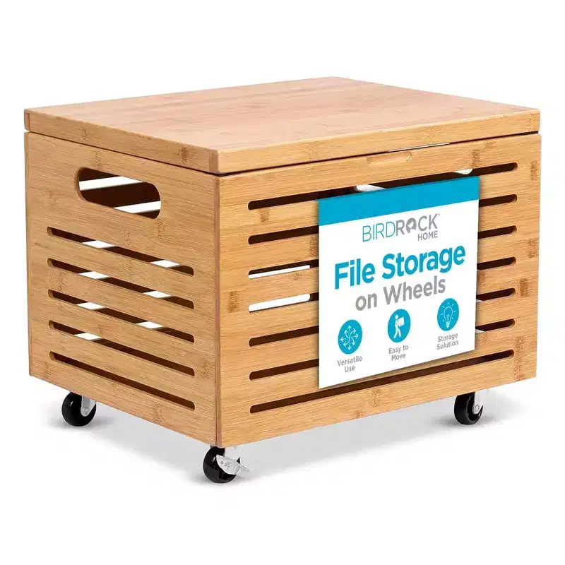 BirdRock Home Bamboo Rolling File Storage Organizer Box with Lid - Natural