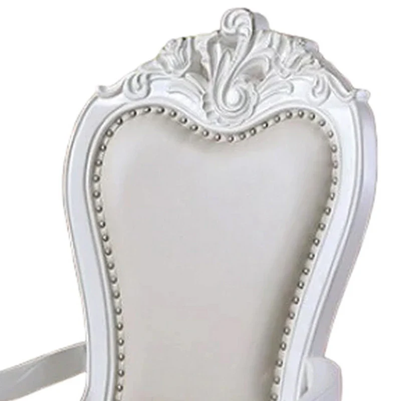 Dining Armchair Set of 2, Carved Cabriole, Faux Leather, White Wood