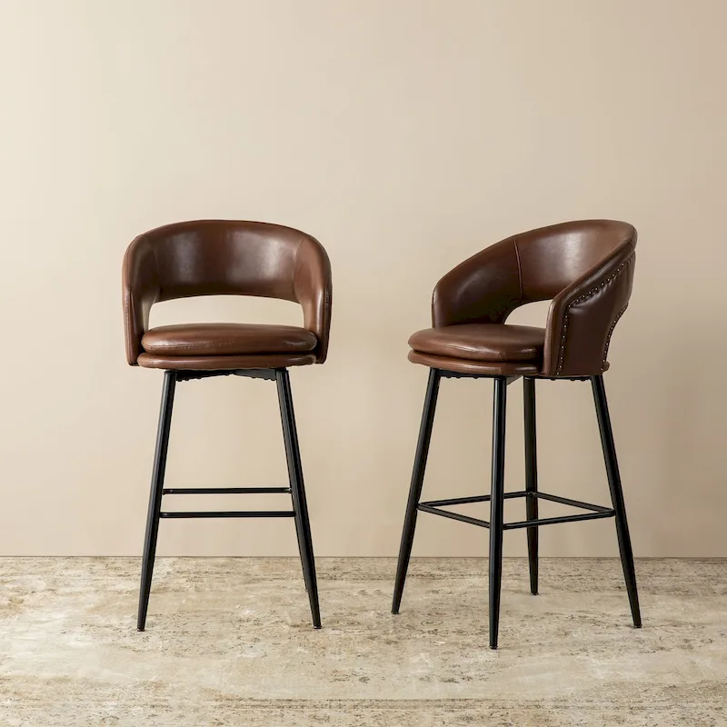 Mid-Century Modern Faux Leather Bar Stool with Nailhead Trim & Metal Legs – Black / Brown