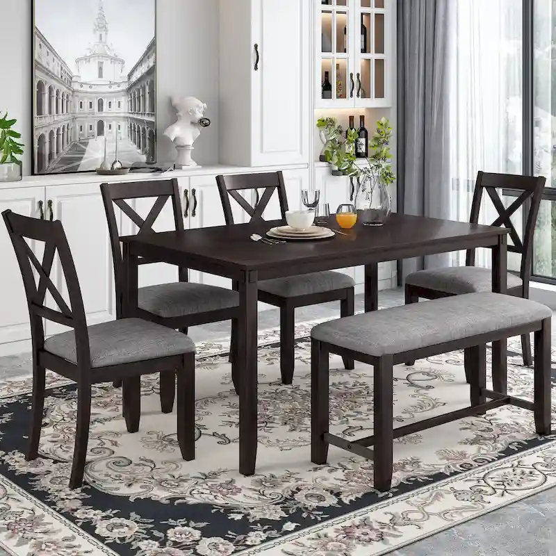 6-Piece Wooden Kitchen Dining Table Set with 4 Chairs and Bench