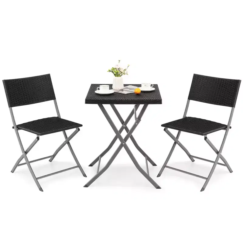 Costway 3PCSPatio Folding Rattan Bistro Set Chairs Backrest Table Garden Deck