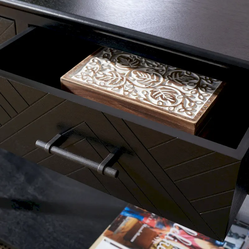 3-Drawer Console Table with Herringbone Pattern and Bottom Shelf