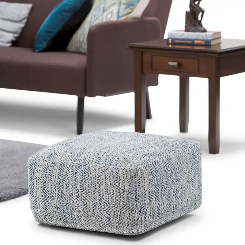 Square Woven Pouf, Multi-Color Melange / Denim Blue, 1-Person Footrest & Seat