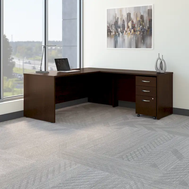 72W L Shaped Desk with Mobile File Cabinet - Mocha Cherry