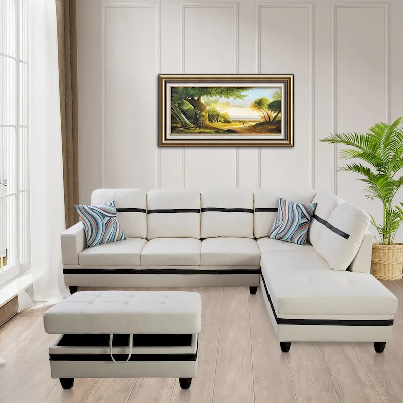 L-Shape Semi PU Leather Living Room Sofa Set with Ottoman,3-Piece