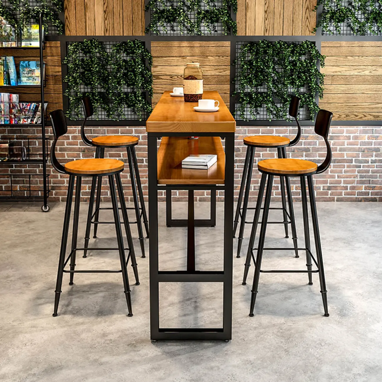 Modern Brown Wooden Metal Sled Shelf Bar Tables with Footrest