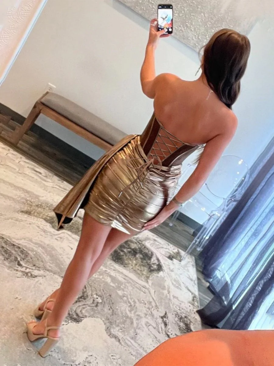 Brown - Strapless Bodycon Mini Party Dresses With Beading