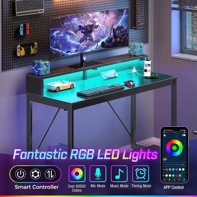 39-Inch Computer Desk with LED Lights and Built-In Power Strip
