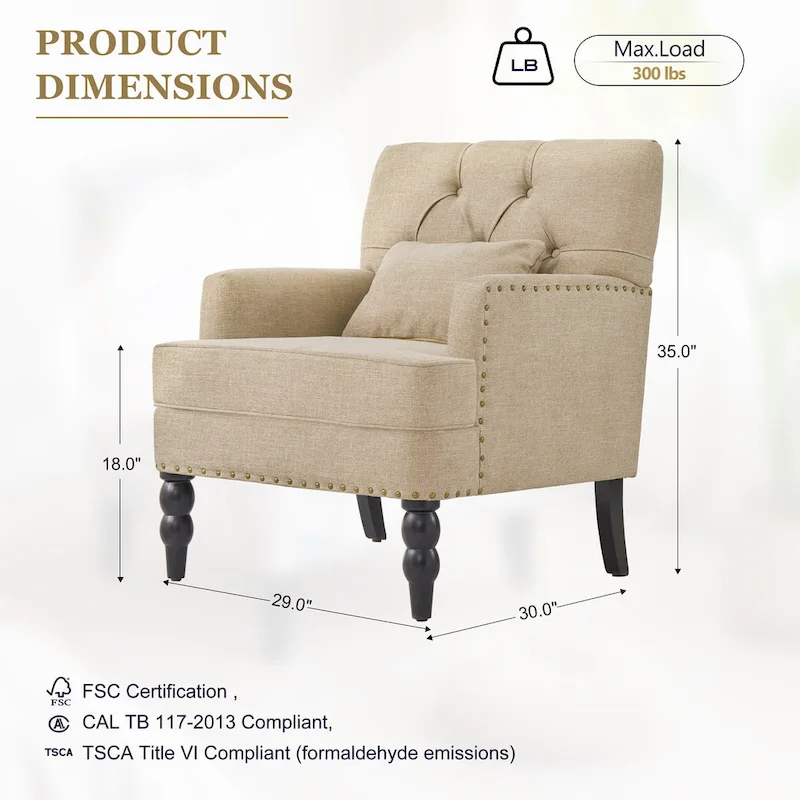 Set of 2 Arm Chair Upholstered Button Tufted Accent Chair with Lumbar Pillow Beige/ Grey/ Light Blue