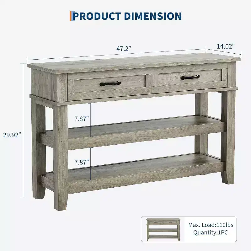 47.2 Entryway Table Console Table, 2 Storage Drawers, Wooden Construction, 3 Tier Farmhouse Wooden Sofa Table, for Entryway Living Room