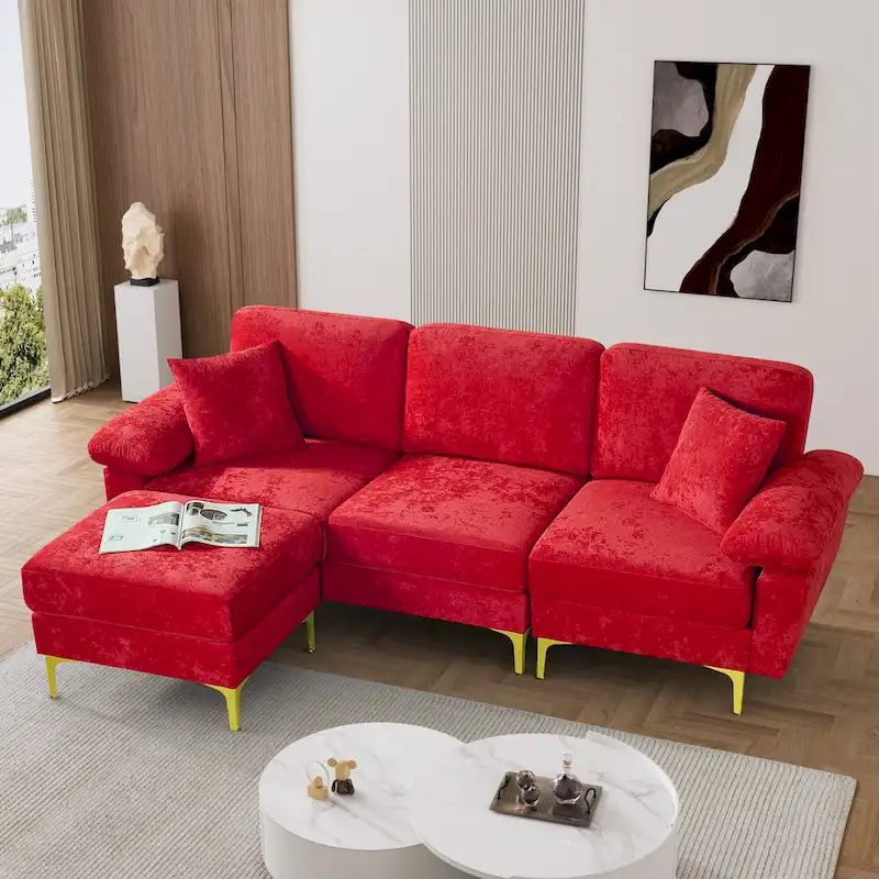 Upholstered Velvet Sectional Sofa with Pillows & Ottoman