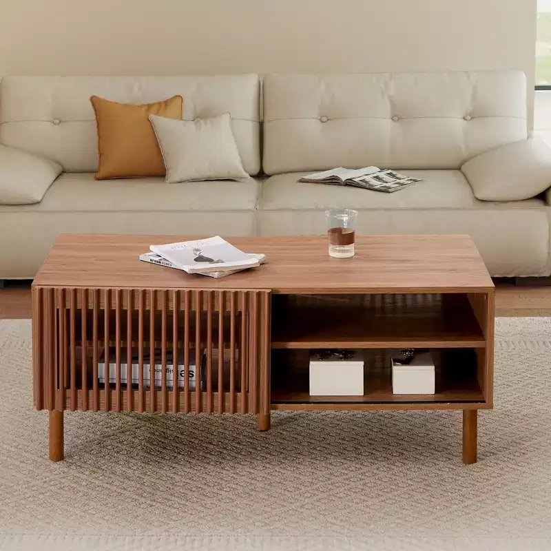Bestier Modern Coffee Table with Storage, 44 Center Table with Fluted Sliding Doors and Dual Side Storage Shelves, Solid Wood Legs for Living Room