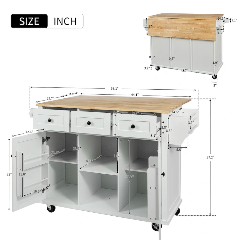 Nestfair Kitchen Island Cart with Drop-Leaf Countertop and 3 Drawers