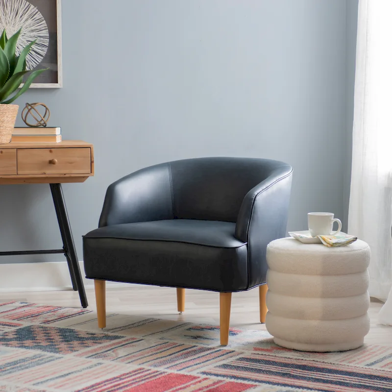 Caramel/Navy Blue Mid-Century Faux Leather Accent Chair, 1-Person
