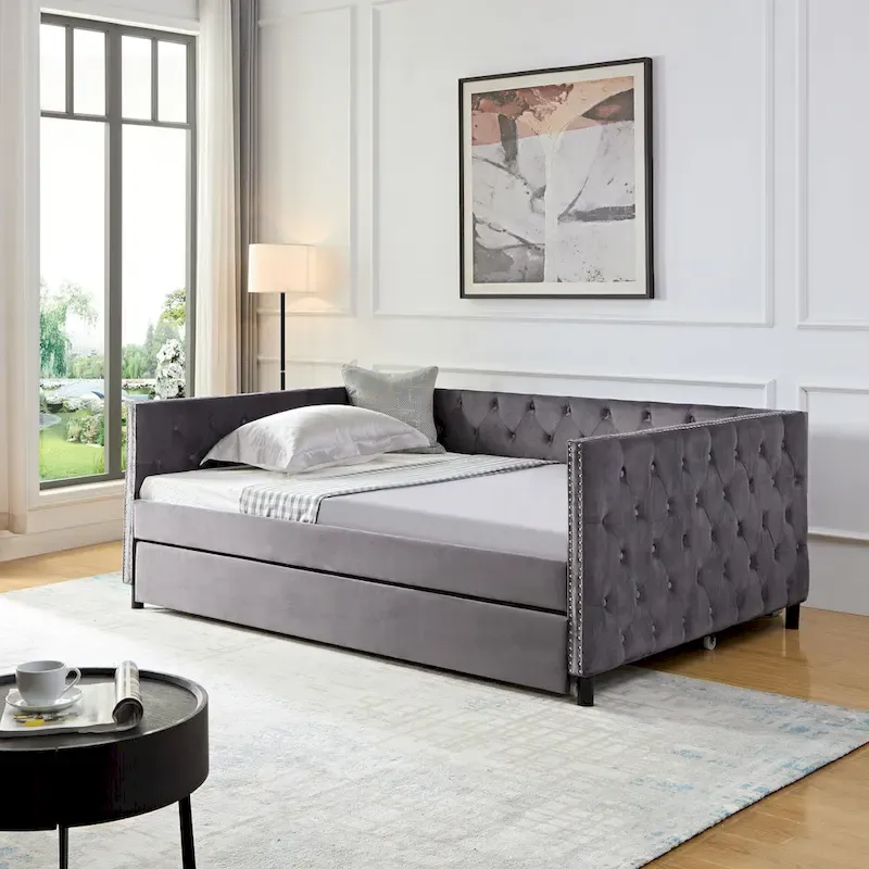 Grey/Beige Velvet Daybed Sofa Bed with Wheels, Button Tufting & Copper Nails, Single