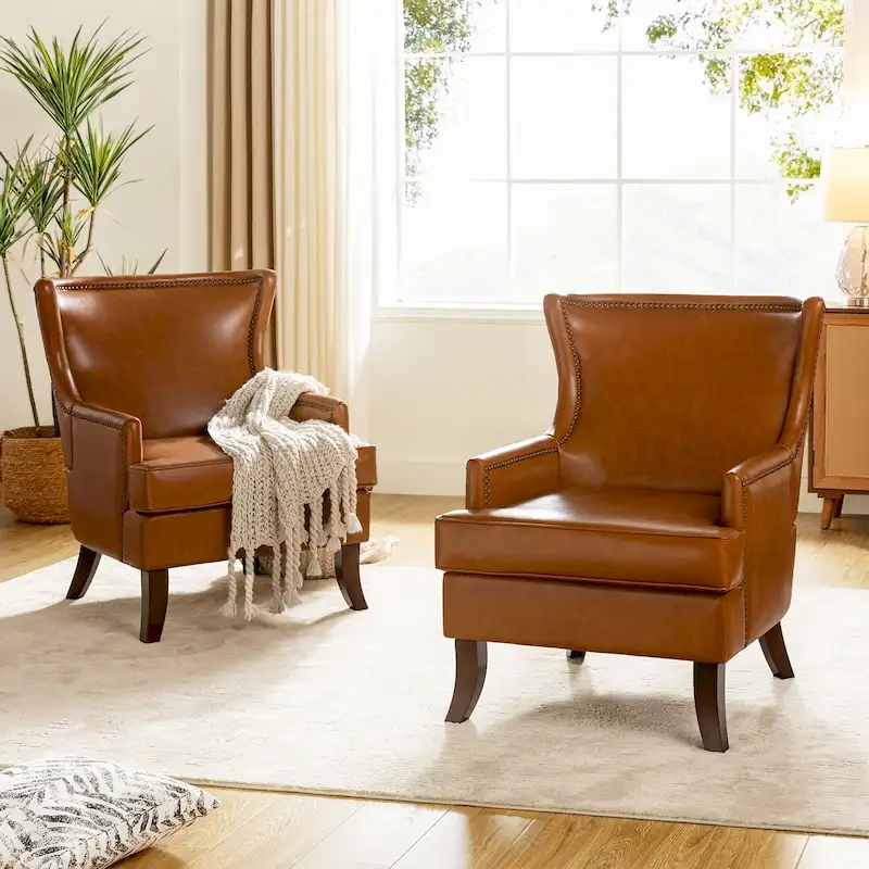 Angeles Mid-century Modern Ergonomic Vegan Leather Armchair with Wingback Set of 2 by HULALA HOME