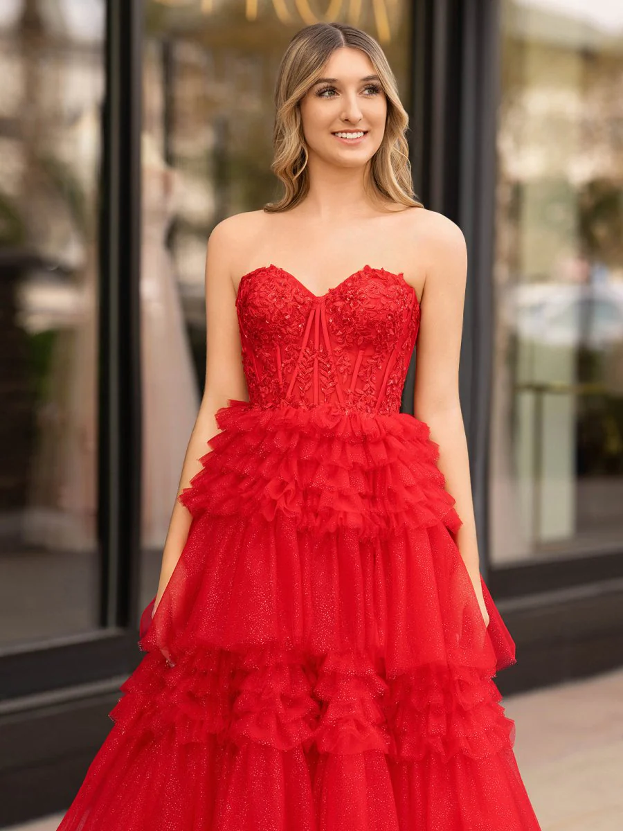 A-Line Sweetheart Tiered Long Tulle Prom Dress
