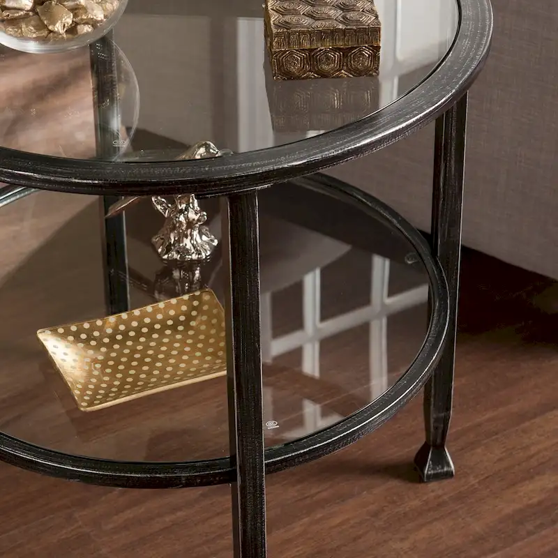 Round Iron Side Table with Tempered Glass Top & Shelf – Distressed Black, 24