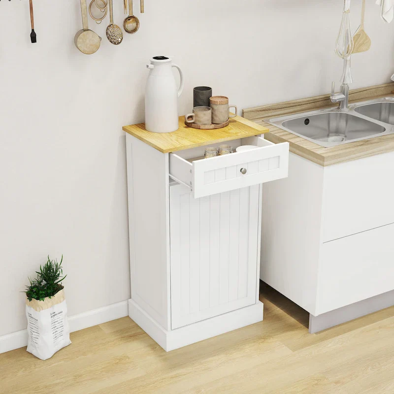 White Tilt-Out Trash Cabinet with Drawer - Single Compartment for Kitchen