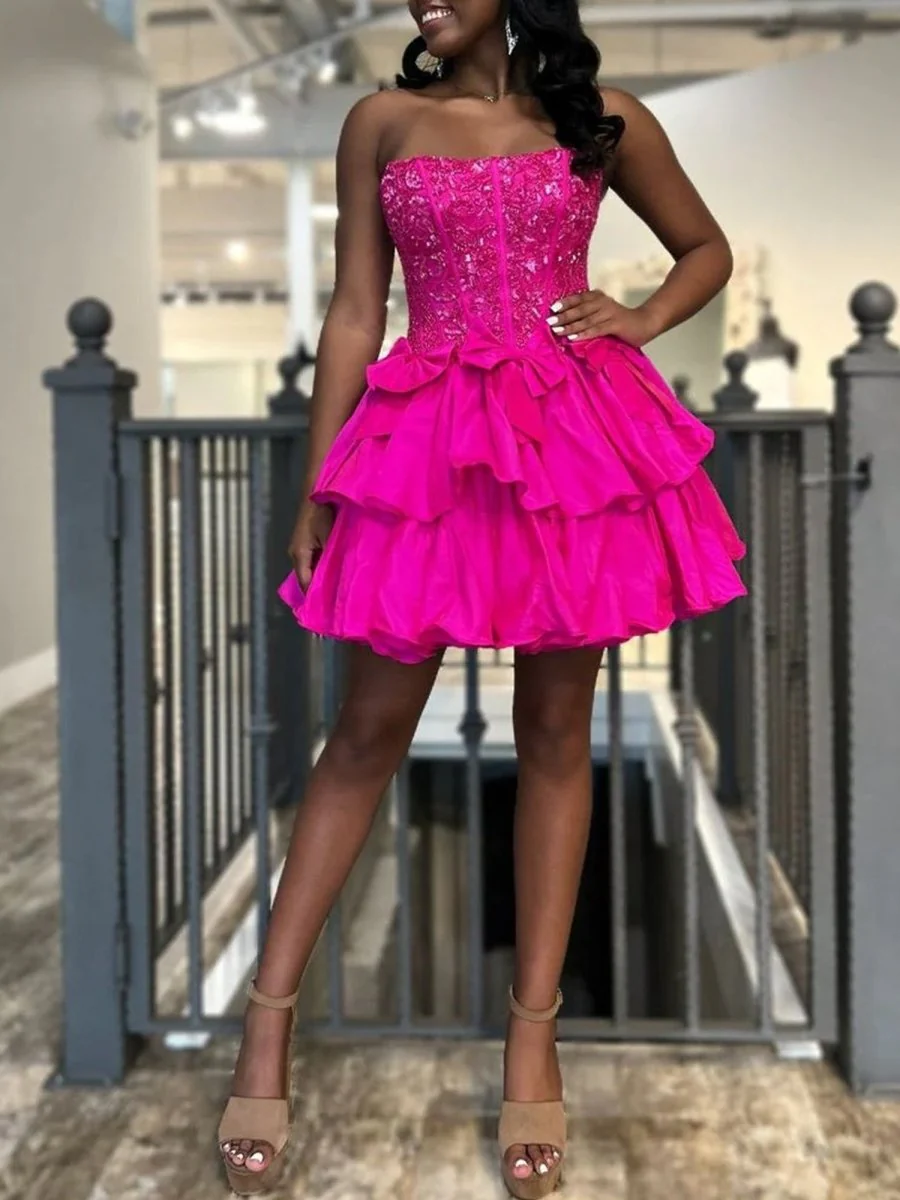 Fuchsia - Strapless Sequins A-Line Homecoming Dress With Bow